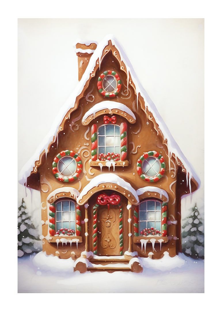 Illustrated gingerbread house decorated with candy and snow-12