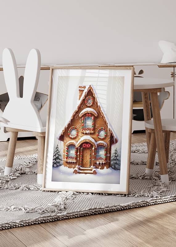 Illustrated gingerbread house decorated with candy and snow-12