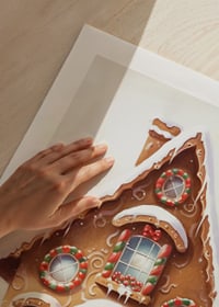Illustrated gingerbread house decorated with candy and snow-9