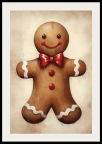 Omino di pan di zenzero illustrato con papillon rosso e dettagli bianchi-2