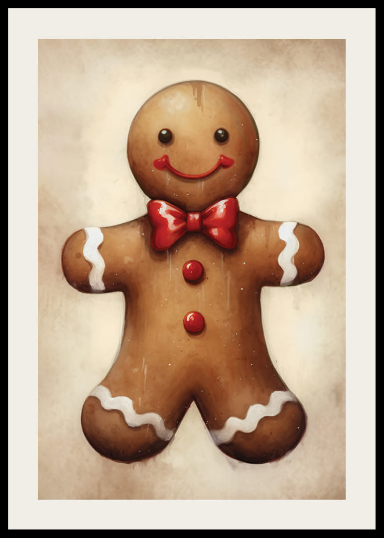 Omino di pan di zenzero illustrato con papillon rosso e dettagli bianchi-12