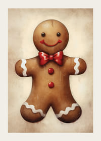 Omino di pan di zenzero illustrato con papillon rosso e dettagli bianchi-3