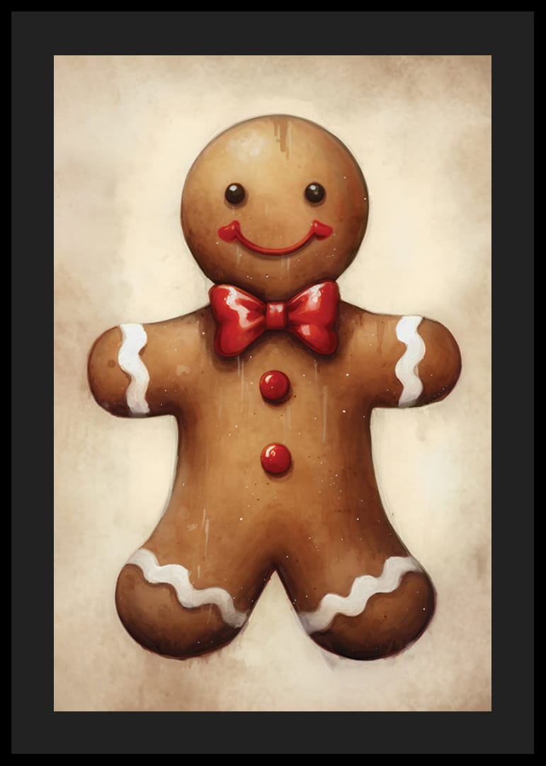 Omino di pan di zenzero illustrato con papillon rosso e dettagli bianchi-12