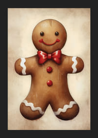 Omino di pan di zenzero illustrato con papillon rosso e dettagli bianchi-5