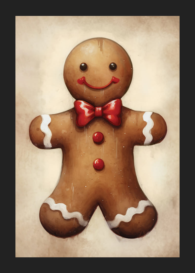 Omino di pan di zenzero illustrato con papillon rosso e dettagli bianchi-12