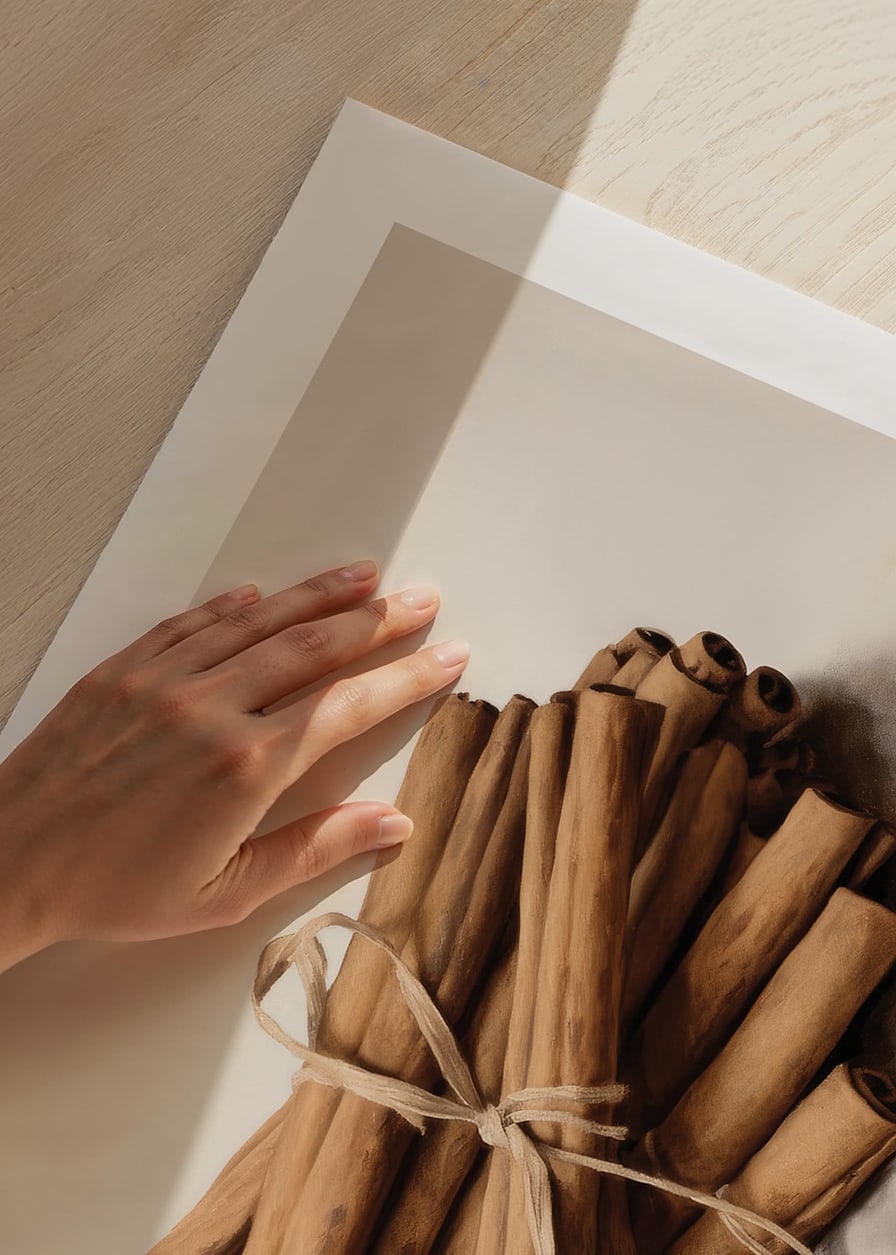 Akvarell av bunt kanelstänger knutna med snöre i varma toner-12