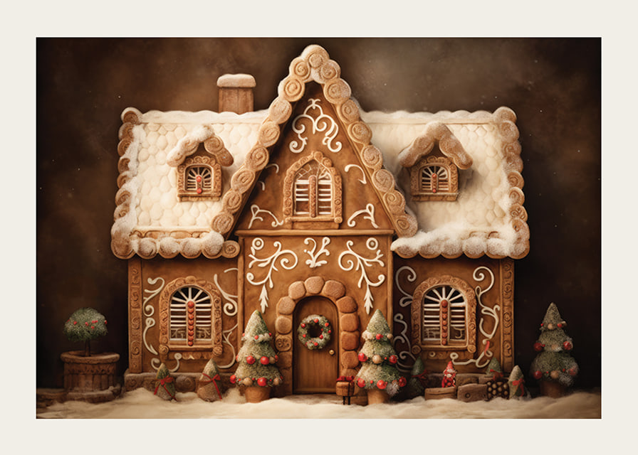 Watercolor of detailed gingerbread house with snow and decorations-12