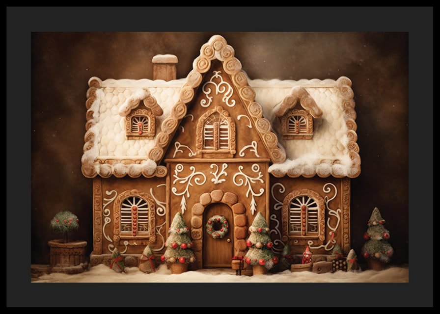 Watercolor of detailed gingerbread house with snow and decorations-12