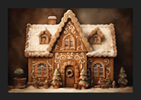 Watercolor of detailed gingerbread house with snow and decorations-5