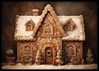Watercolor of detailed gingerbread house with snow and decorations-6
