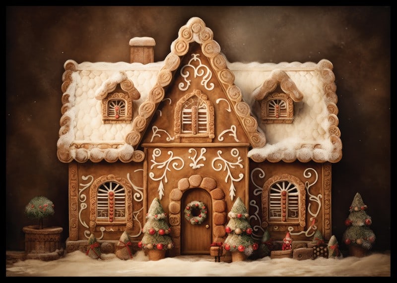 Watercolor of detailed gingerbread house with snow and decorations-12