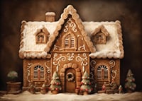 Watercolor of detailed gingerbread house with snow and decorations-7