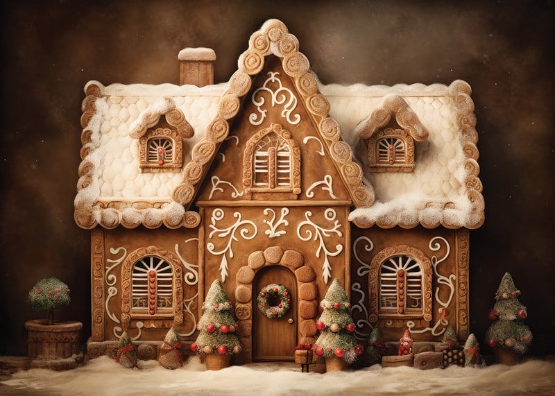 Watercolor of detailed gingerbread house with snow and decorations-12