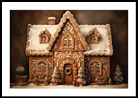 Watercolor of detailed gingerbread house with snow and decorations-0