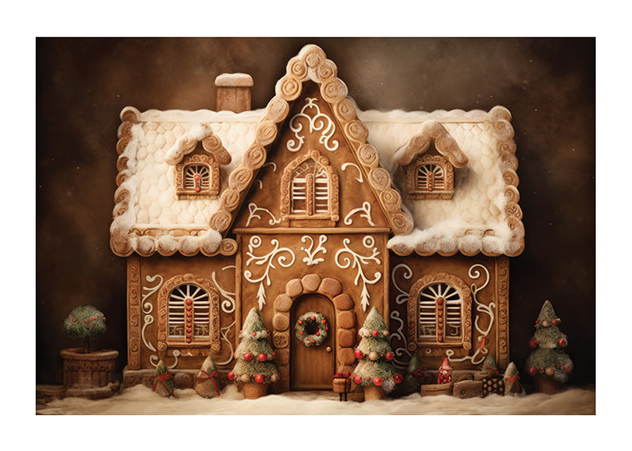 Watercolor of detailed gingerbread house with snow and decorations-12