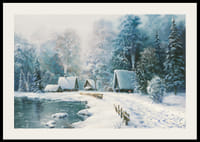 Aquarelle d'un village enneigé avec des chalets au bord de la forêt et du lac-2