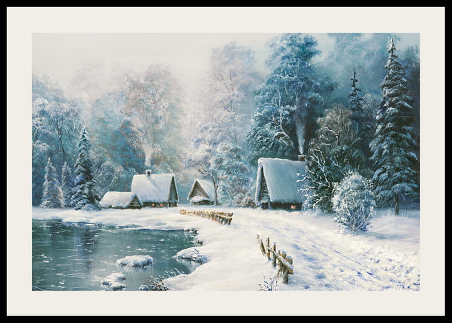 Aquarelle d'un village enneigé avec des chalets au bord de la forêt et du lac-12