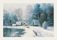 Aquarelle d'un village enneigé avec des chalets au bord de la forêt et du lac-3