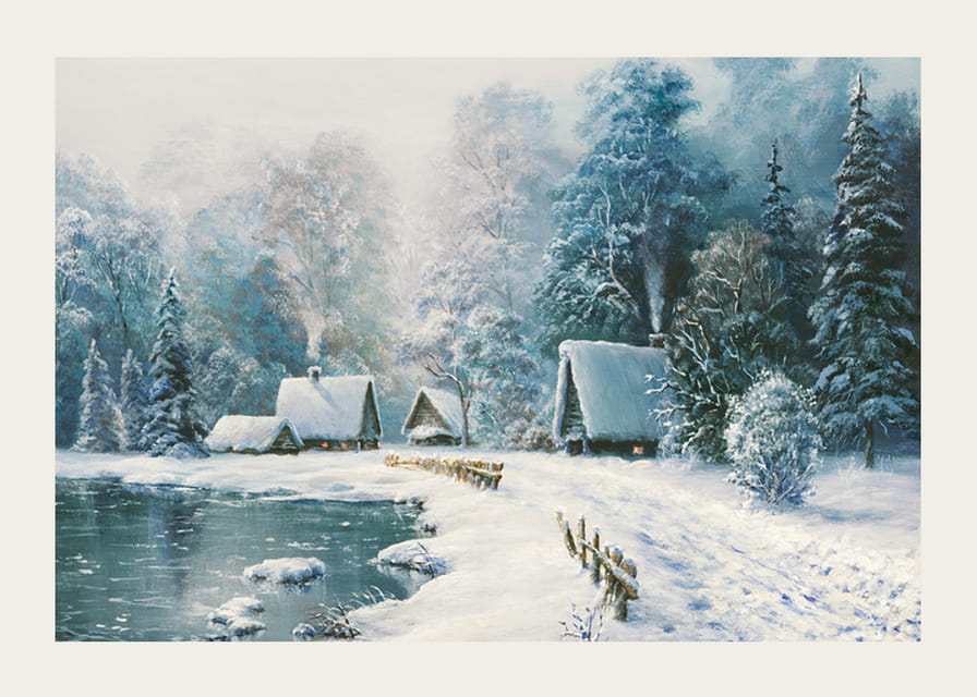 Aquarelle d'un village enneigé avec des chalets au bord de la forêt et du lac-12