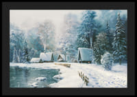 Aquarelle d'un village enneigé avec des chalets au bord de la forêt et du lac-4