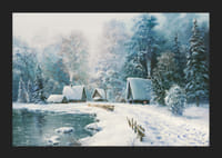 Aquarelle d'un village enneigé avec des chalets au bord de la forêt et du lac-5