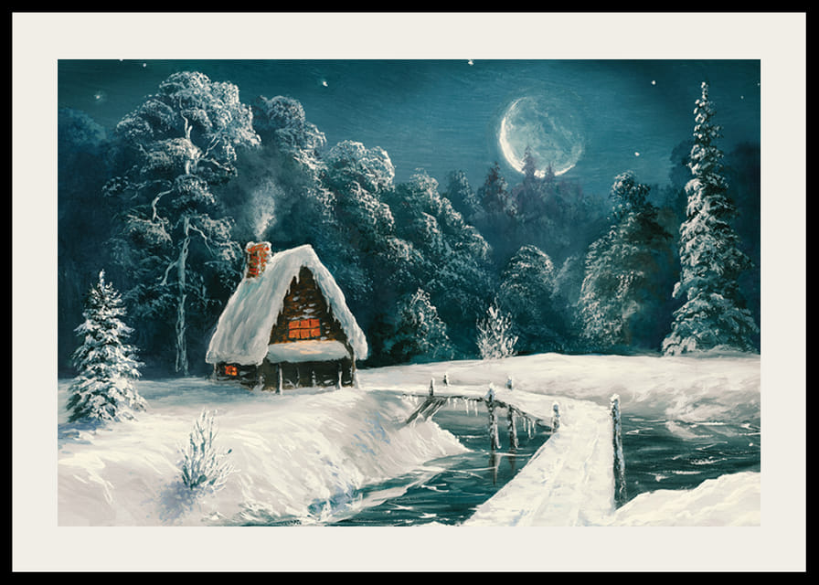 Akvarel chaty v zasneženom lese pod splneným mesiacom-12