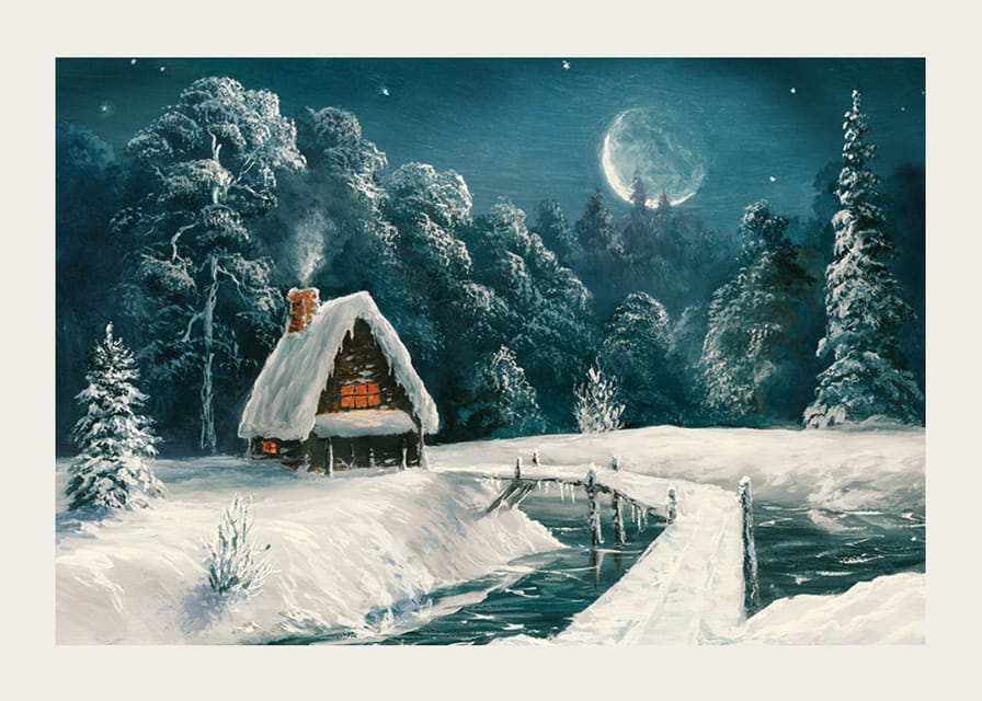 Akvarel chaty v zasneženom lese pod splneným mesiacom-12