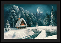 Acquerello di una baita nella foresta innevata sotto la luna piena-4