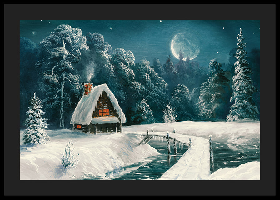Acquerello di una baita nella foresta innevata sotto la luna piena-12