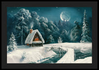 Akvarel chaty v zasneženom lese pod splneným mesiacom-4