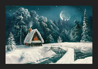 Acquerello di una baita nella foresta innevata sotto la luna piena-5