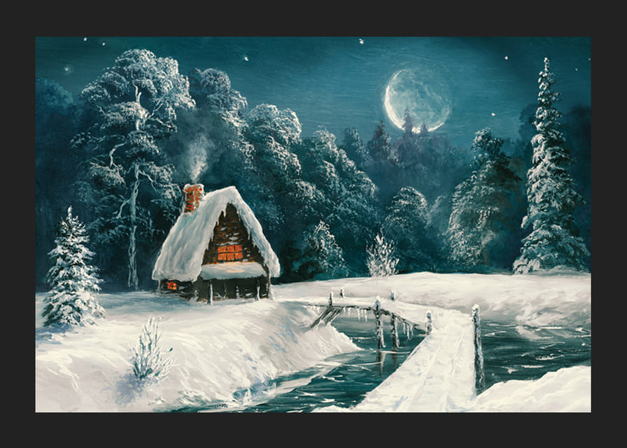 Akvarel chaty v zasneženom lese pod splneným mesiacom-12