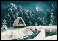 Acquerello di una baita nella foresta innevata sotto la luna piena-6