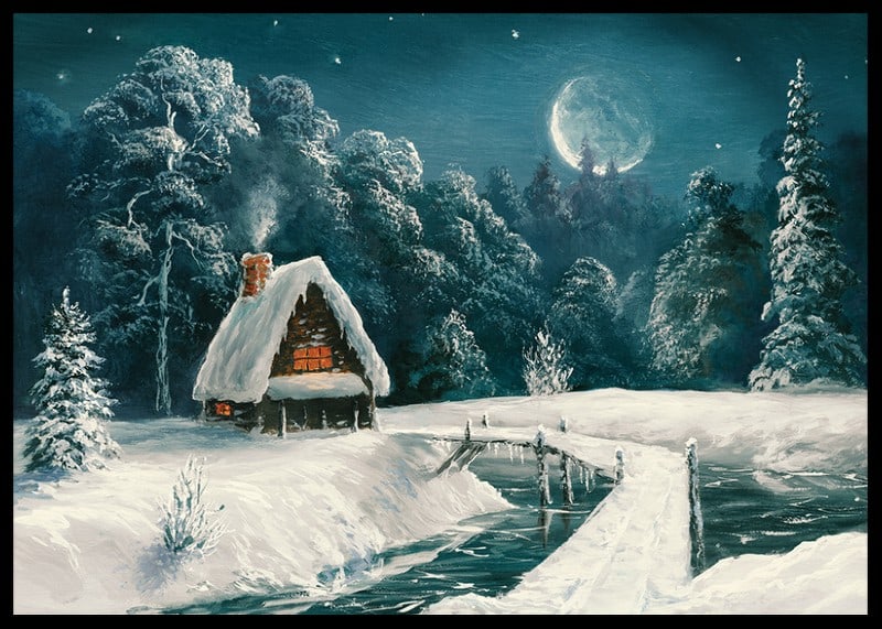 Acquerello di una baita nella foresta innevata sotto la luna piena-12
