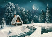 Acquerello di una baita nella foresta innevata sotto la luna piena-7