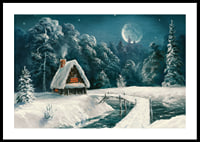 Acquerello di una baita nella foresta innevata sotto la luna piena-0