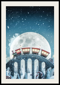 Illustrated train with red carriages over bridge in winter landscape-2