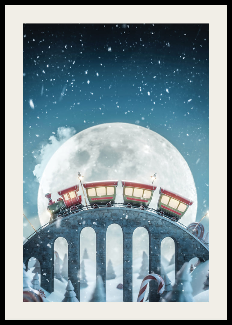 Illustrated train with red carriages over bridge in winter landscape-12