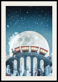 Iliustruotas traukinys su raudonais vagonais virš tilto žiemos peizaže-2