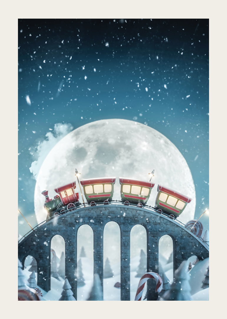 Illustrated train with red carriages over bridge in winter landscape-12