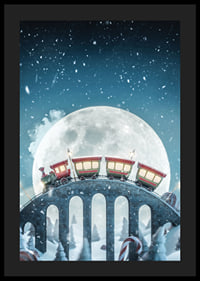 Illustrated train with red carriages over bridge in winter landscape-4