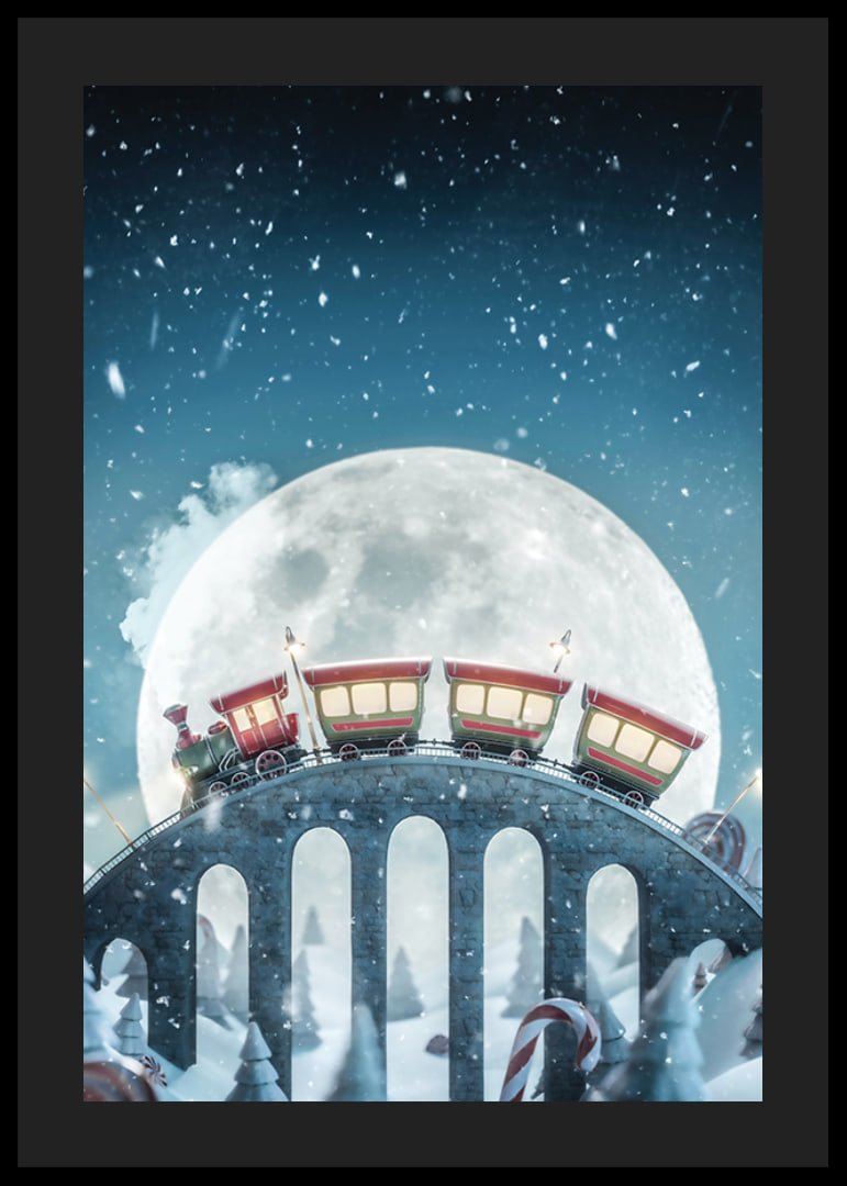 Illustrated train with red carriages over bridge in winter landscape-12