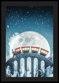 Iliustruotas traukinys su raudonais vagonais virš tilto žiemos peizaže-4