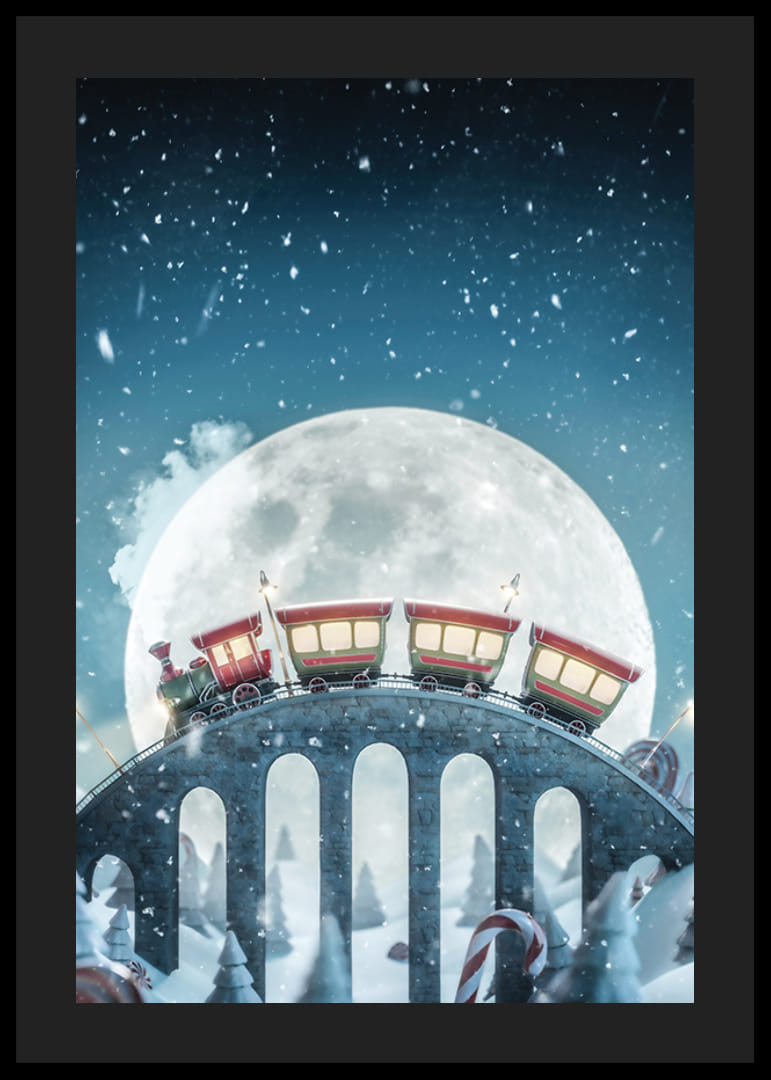 Iliustruotas traukinys su raudonais vagonais virš tilto žiemos peizaže-12