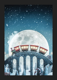 Illustrated train with red carriages over bridge in winter landscape-5