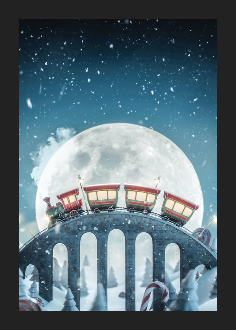 Illustrated train with red carriages over bridge in winter landscape-12