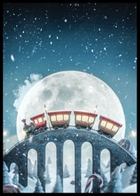 Illustrated train with red carriages over bridge in winter landscape-6