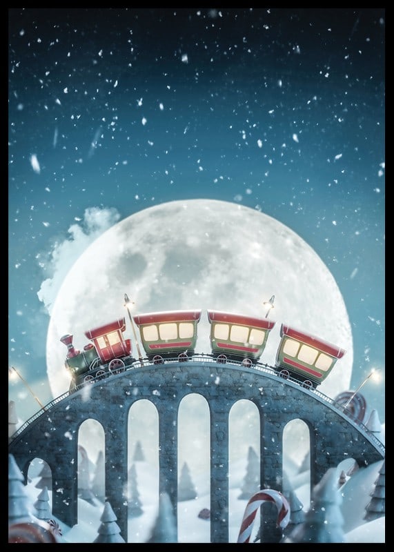 Illustrated train with red carriages over bridge in winter landscape-12