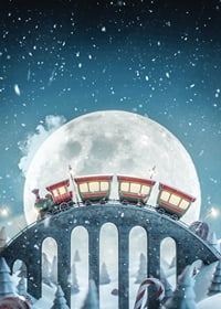 Illustrated train with red carriages over bridge in winter landscape-7