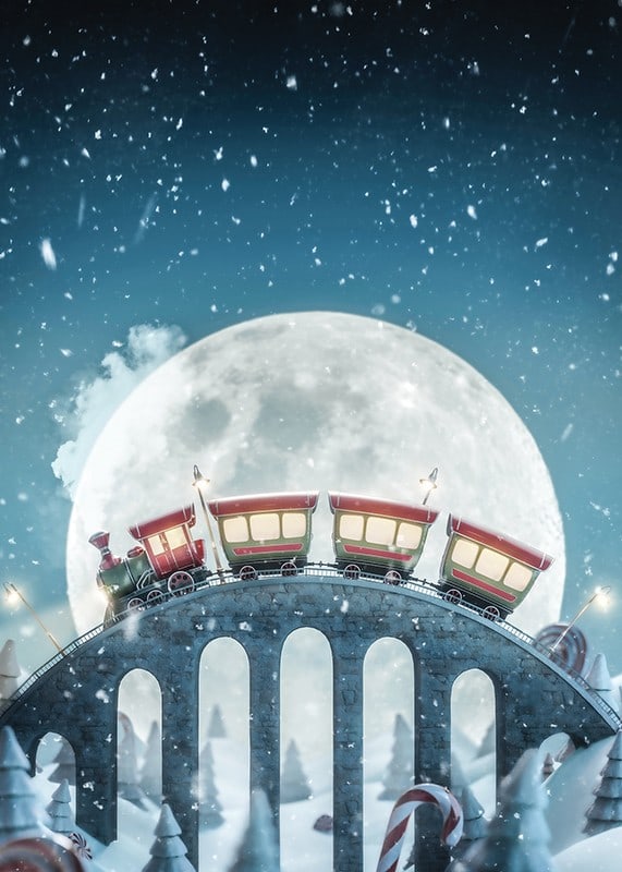 Illustrated train with red carriages over bridge in winter landscape-12